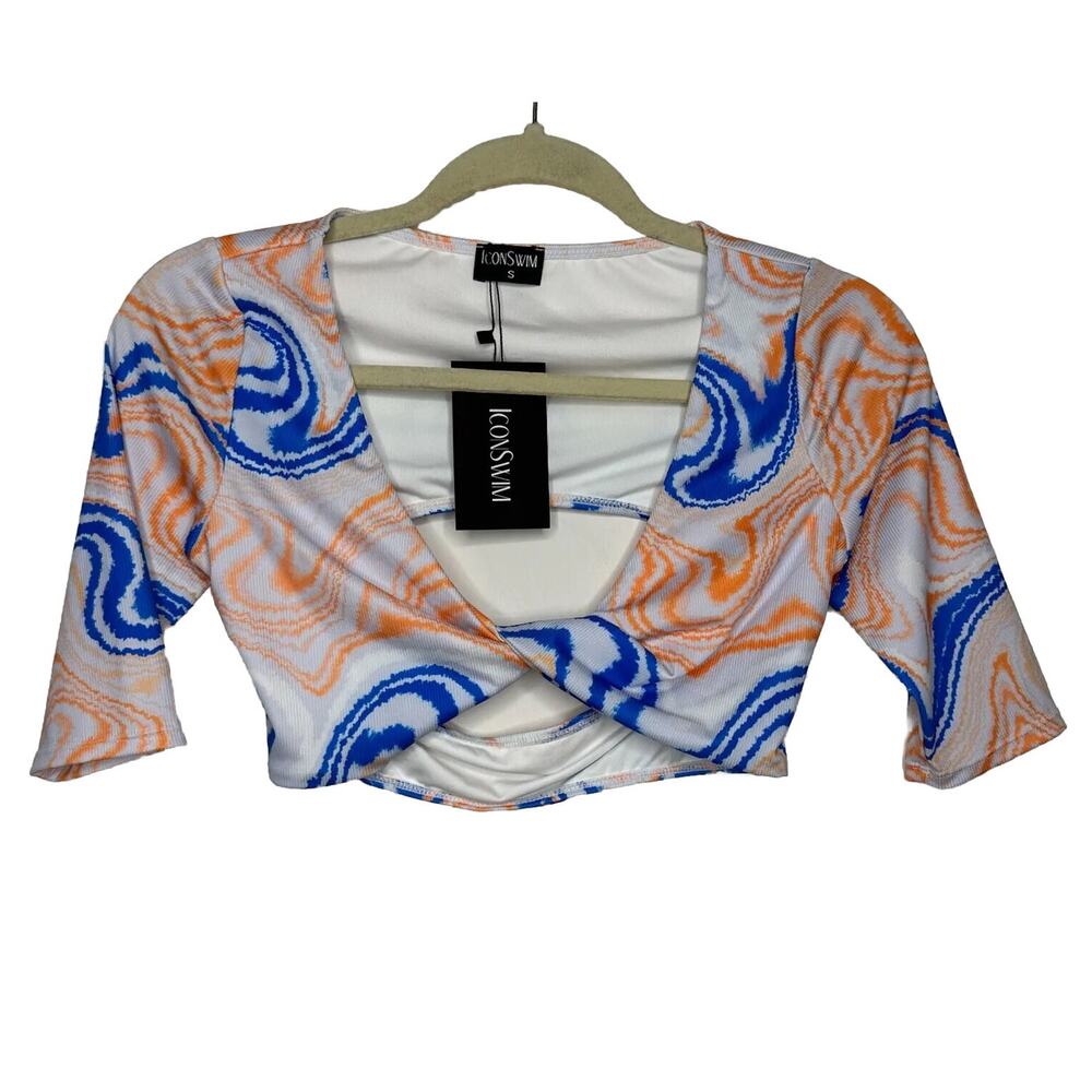 NWT Icon Swim White Blue Orange Sunset Dive Wave Print Twist Front Crop Top S